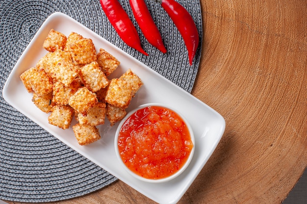 Dados de tapioca y queso con gelatina de pimienta