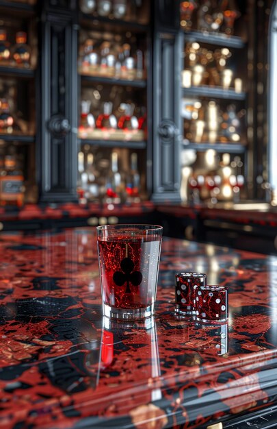 Dados vermelhos e um copo de bebida alcoólica no balcão do bar