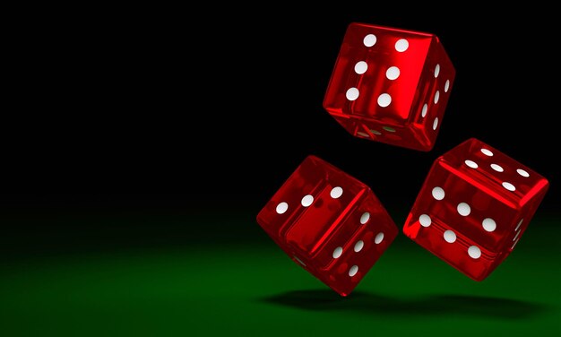 Dados vermelhos transparentes estão caindo na mesa de feltro verde O conceito de jogo de dados em casinos Rendering 3D