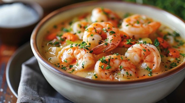 Dämpfende Schüssel mit Garnelen-Scampi-Suppe