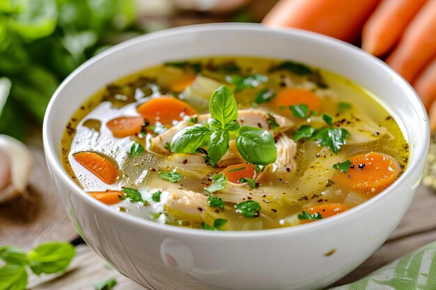 Dämpfende Schüssel mit hausgemachter Hühnersuppe mit frischen Kräutern