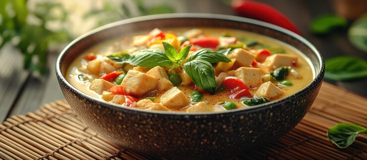 Dämpfende Schüssel Tofu Curry mit Gemüse