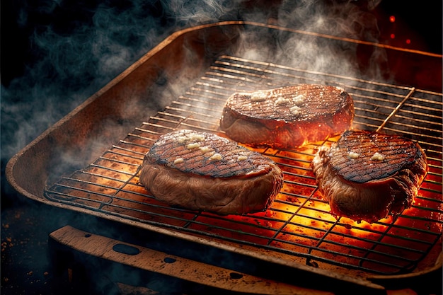 Dämpfende Steaks mit brauner Kruste, die auf dem Rauchergrillrost liegen