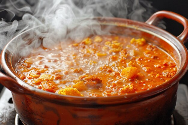 Dämpfender Menudo-Topf, der auf einem traditionellen Lehmkochen gekocht wird