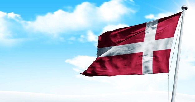 Dänemark wehende 3D-Render-Flagge, auf blauem Himmelshintergrund. - Bild