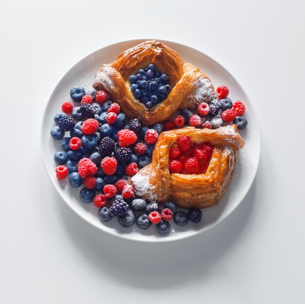 Dänisch mit Himbeeren und Heidelbeeren auf runder Platte mit Beeren auf weißem Tisch