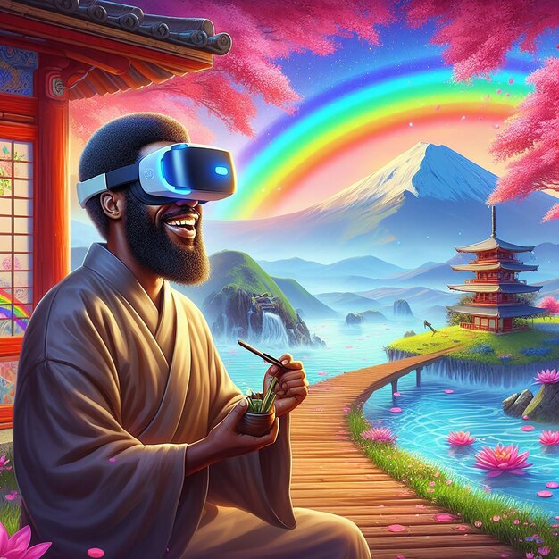 Dag preto feliz usando um fone de ouvido VR em um ShangriLa com uma arte digital arco-íris