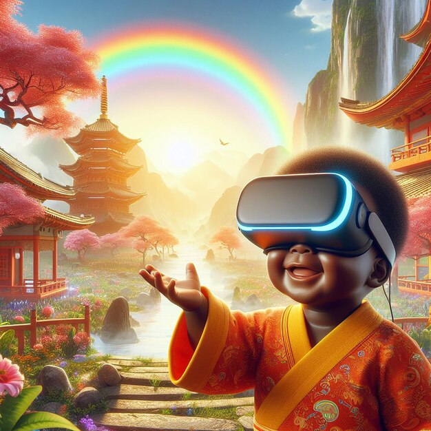 Dag preto feliz usando um fone de ouvido VR em um ShangriLa com uma arte digital arco-íris