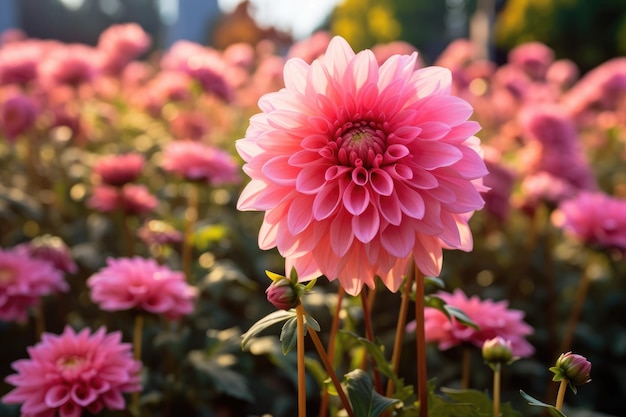 Dahlia rosa en medio del jardín de flores de otoño