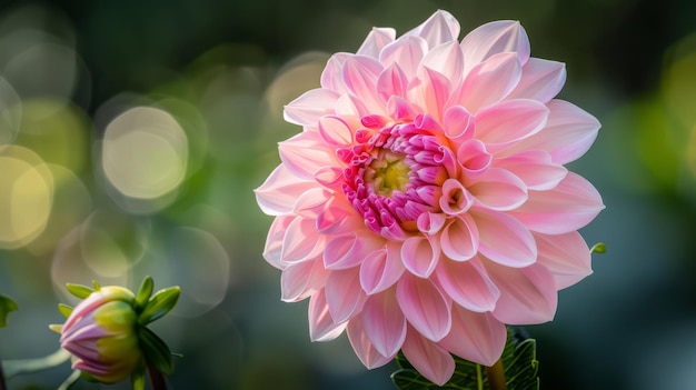 Foto la dahlia rosada está iluminada por el sol de la mañana