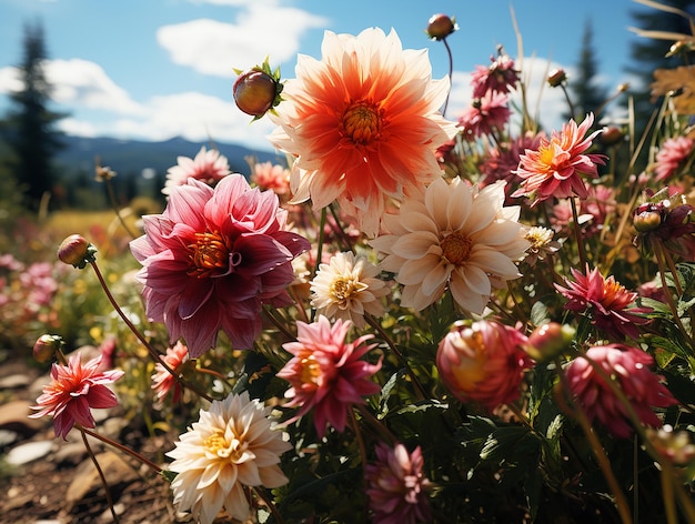 Dahlia Wonderland Meadow cheio de dálias ao sol