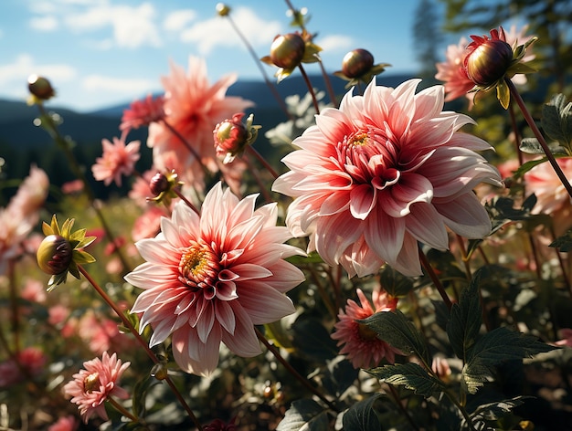 Dahlia Wonderland Wiese voller Dahlien im Sonnenschein