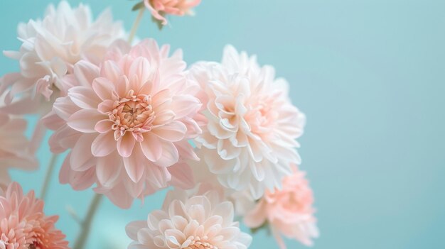Dahlias rosa pastel em foco suave em azul Closeup de flores de dahlias rosa delicadas com um foco suave contra um fundo azul calmante evocando um humor sereno e romântico