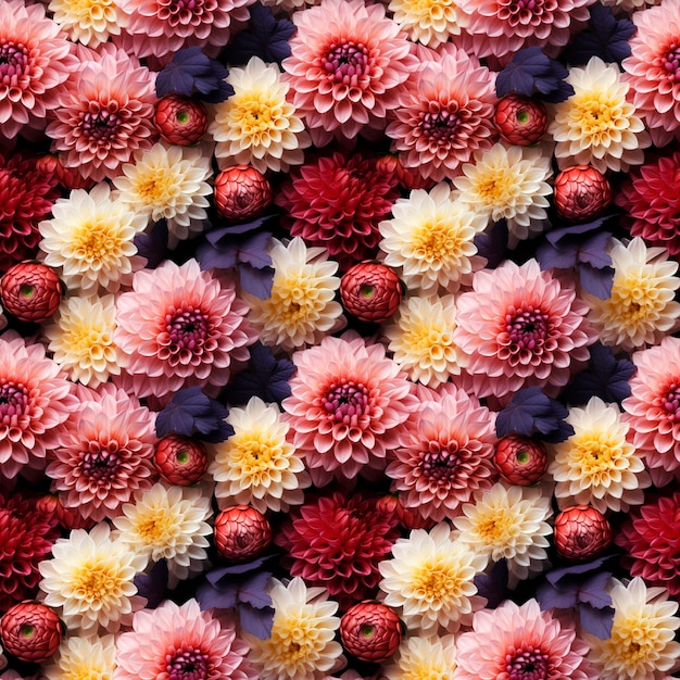 Dahlien nahtloses Muster Blumenhintergrund Draufsicht voller Blumen und Knospenstrauß