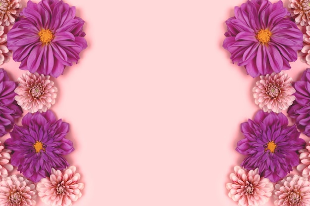 Foto dahlienblüten-textur auf rosa pastellhintergrund mit copyspace naturflorales konzept