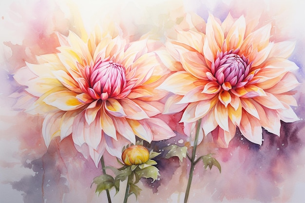 Dahlienblumenstrauß Aquarell Nahaufnahme detaillierte Hintergrundkarte