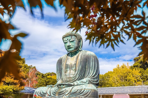 Foto daibutsu ou grande buda de kamakura no templo kotokuin, na prefeitura de kanagawa, japão, com folhas que mudam de cor. é um marco importante e um destino popular para turistas e peregrinos.