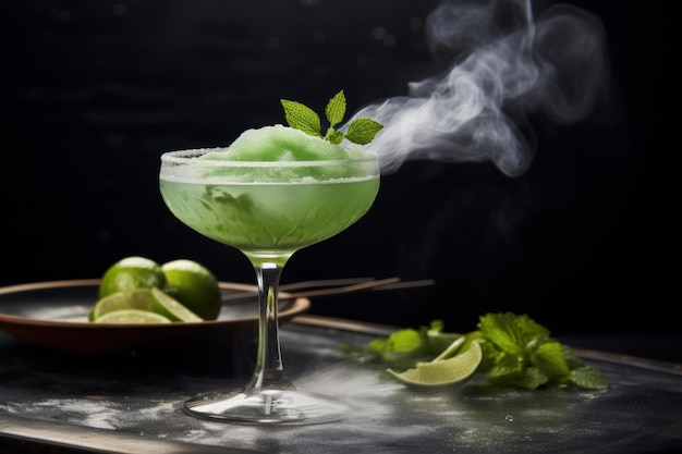 Daiquiri em vidro moderno e fumaça de gelo com ouro e decoração gerada por IA