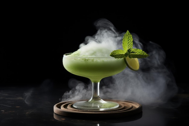 Daiquiri en vidrio moderno y humo de hielo con oro y decoración generada por la IA