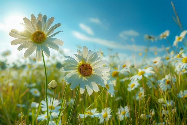 Daisies selvagens vibrantes florescendo em prado ensolarado sob céu azul claro fundo da natureza para a primavera e