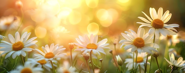 Daisy-Feld leuchtet im Sommersonnenlicht mit weichem Bokeh-Hintergrund Konzept Sonnenbeleuchtetes Daisy-Field Weiches Bokeh Hintergrund Sommerschein