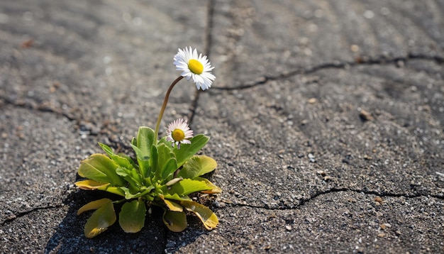 Foto daisyblüte wächst aus gebrochenem asphalt