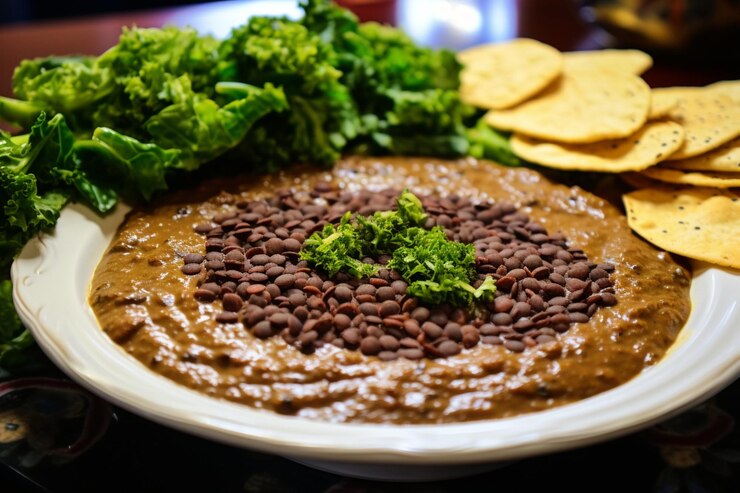 Foto dal makhani com um lado de batatas fritas de couve