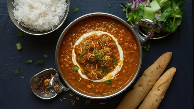 Dal makhani ou daal makhni Almoço ou jantar indiano servido com arroz simples e manteiga roti ou c