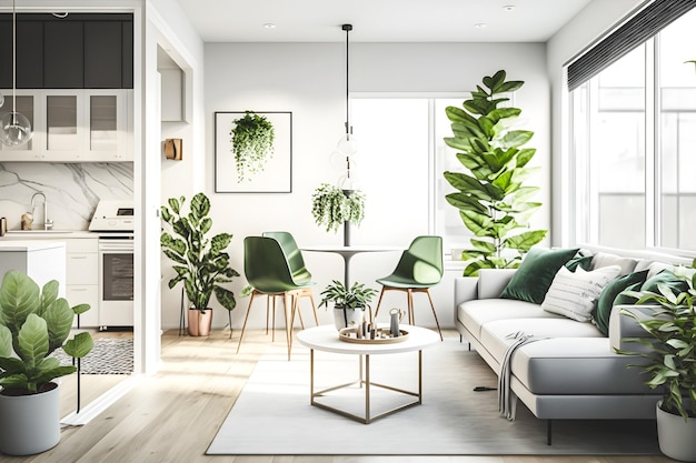 Dale vida a tu hogar con esta sala de estar moderna y minimalista con plantas verdes