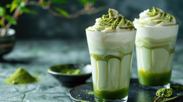 Foto dalgona matcha latte gelado com matcha batido cremoso