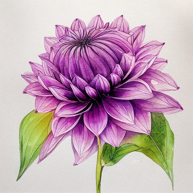 Dália Roxa Linda Flor Aquarela Ilustração Colorida