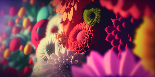 Dálias coloridas em um pote Fundo floralGenerative AI