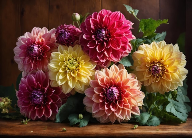 Dalias en un jarrón en una mesa de madera