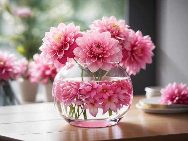 Dalias rosadas en un jarrón de vidrio en la mesa