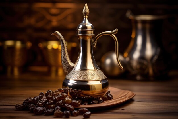 Dallah es una cafetera árabe hecha para café saudí con fondo de madera y servida con dátil.