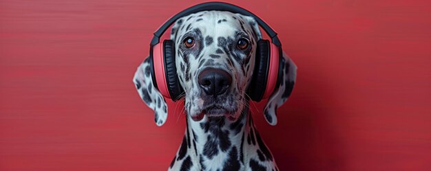 Un dálmata con auriculares transmitiendo un programa de cocina en vivo para perros con la pata en el botón de reproducción