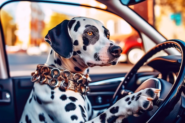 Dálmata conduciendo un coche de cerca