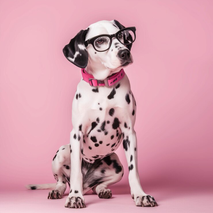 Dálmata con gafas sobre fondo rosa
