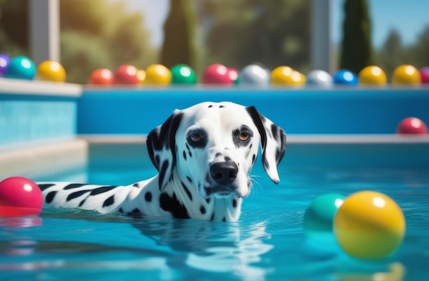 El dálmata nada en una piscina con bolas de colores