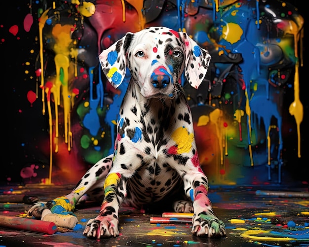 Foto dalmatian cachorro pintura en la pintura colorida en el suelo en el estilo de salpicado
