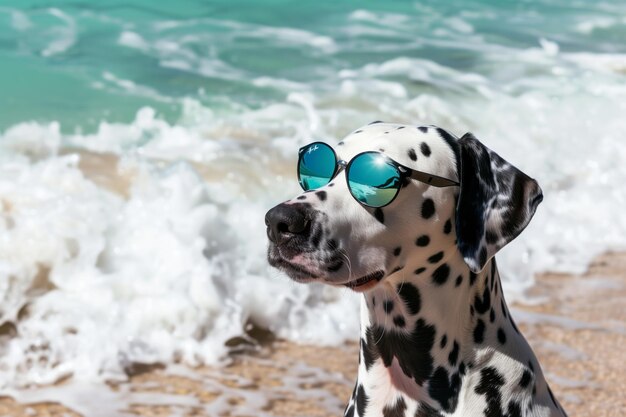 Foto dalmático con gafas de sol de espejo cerca de las olas del océano