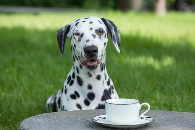 Dalmático con un platillo y una taza al aire libre