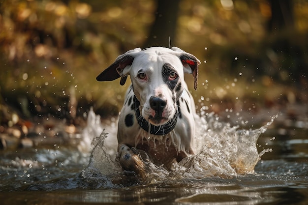 Dalmatiner laufen schnell und springen aus dem Wasser