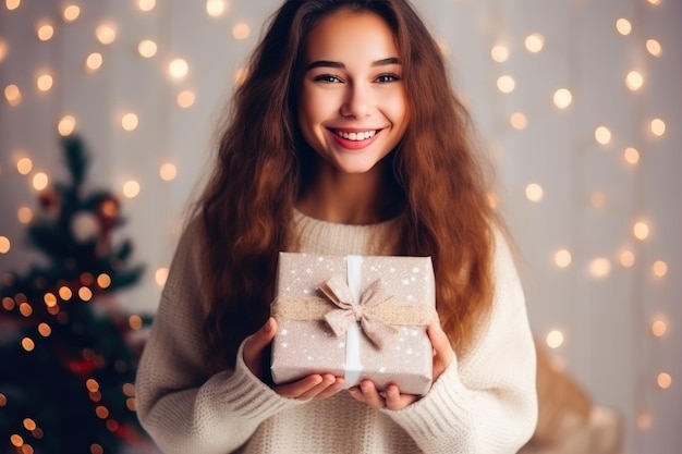 Una dama alegre sostiene un regalo envuelto en un telón de fondo vibrante