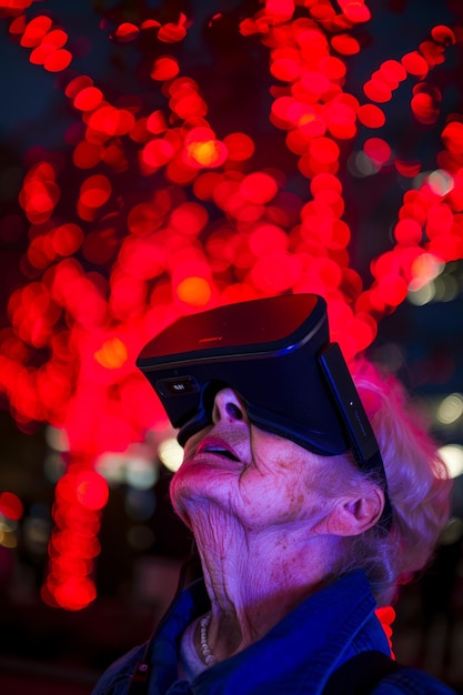 Dama anciana con gafas de realidad virtual en tonos brillantes