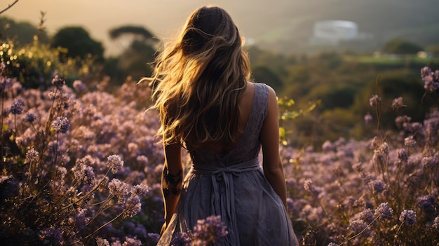 Dama de cabello dorado rodeada de flores radiantes bajo un cielo azul claro que resume el esplendor de la naturaleza y la gracia de otro mundo