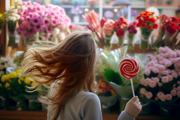 Dama con el cabello retorcido sosteniendo una tienda de flores de piruleta