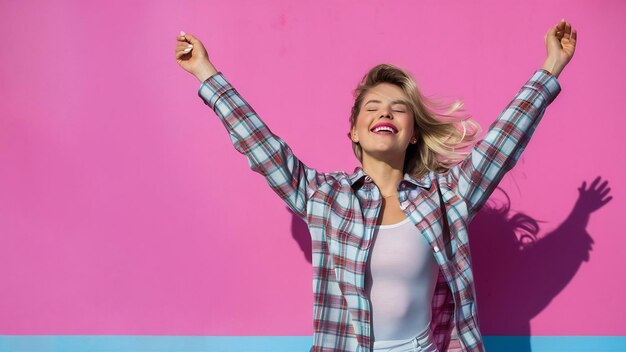 La dama con la camisa a cuadros siente felicidad sobre un fondo rosado