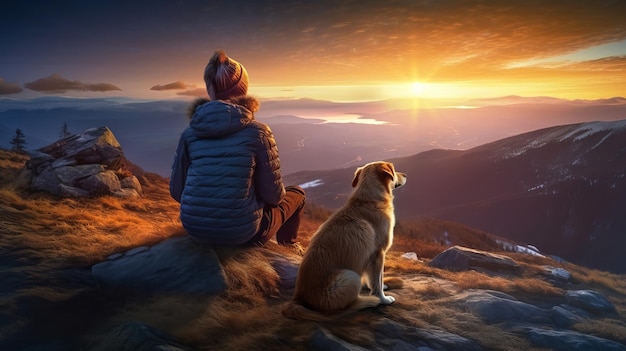 Dama y canino observan la desorientadora escena de las célebres luces al anochecer en altas montañas Generado por IA