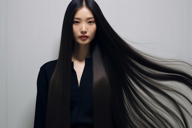 Dama coreana haciendo alarde de IA generativa de cabello largo